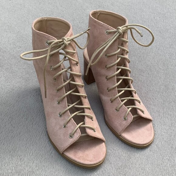 Journee Collection Posey Peeptoe Open Heel Faux Suede Lace-Up Booties Sz8 - Picture 4 of 16